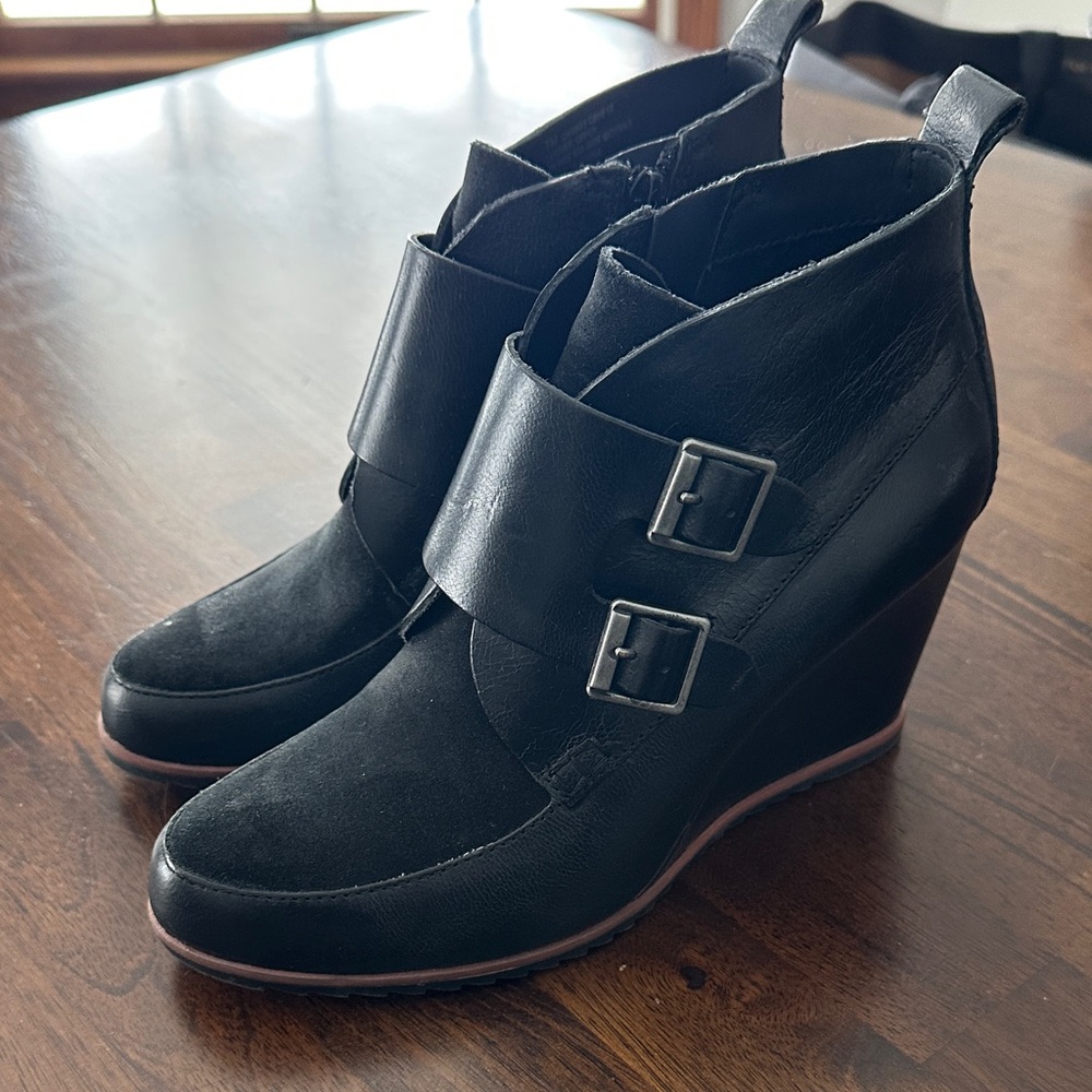 Black Wedge Ankle Boots with Buckles - Women's